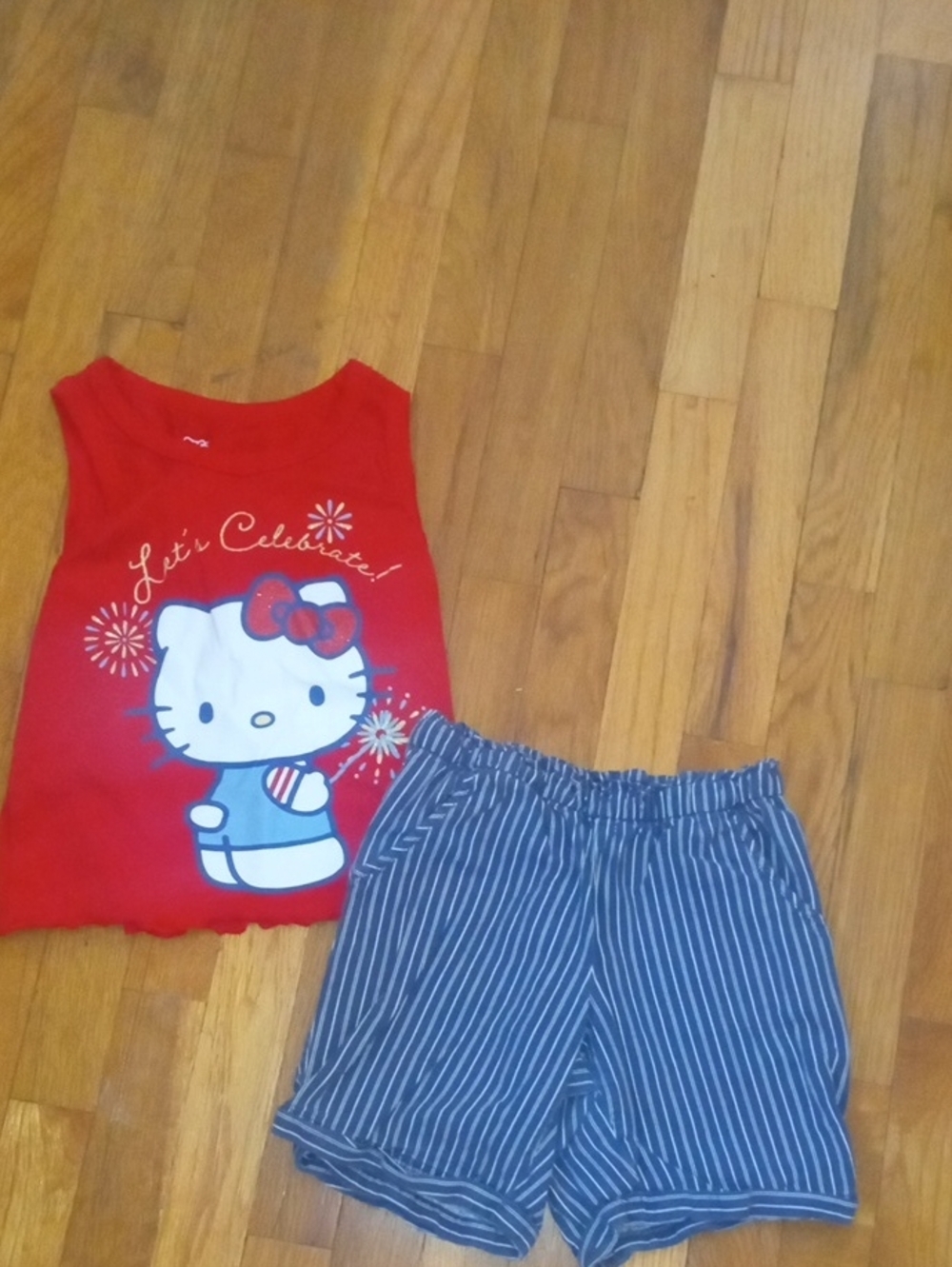 girl Hello Kitty tank and blue white striped shorts, med
